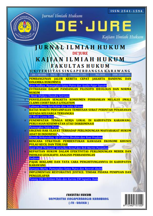 					View Vol. 5 No. 1 (2020): Jurnal Ilmiah Hukum DE'JURE: Kajian Ilmiah Hukum Volume 5 Nomor 1
				