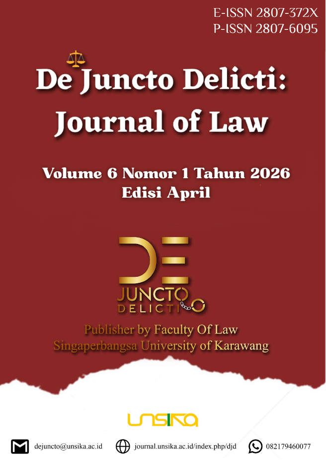 					Lihat Vol 6 No 1 (2026): De Juncto Delicti: Journal of Law
				